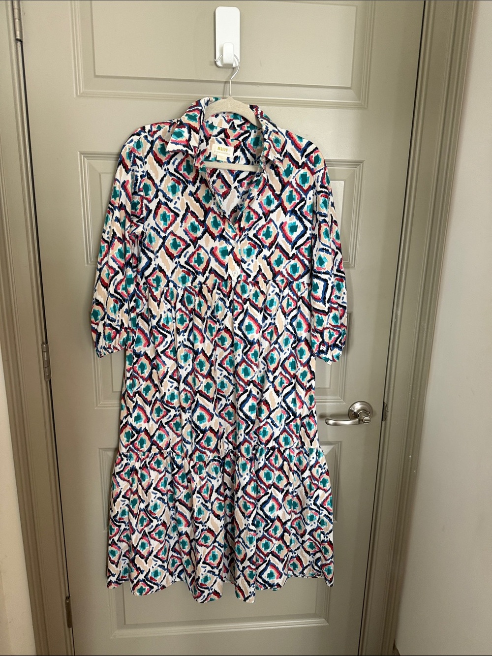 Maeve Multicolor Geometric Tiered Midi Dress - Teal, Pink & Navy